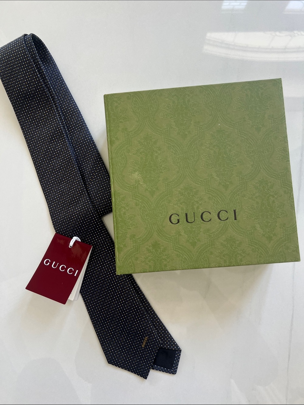 NWT Gucci Navy Silk Tie Gudots with Small White Microdots - Picture 4 of 5